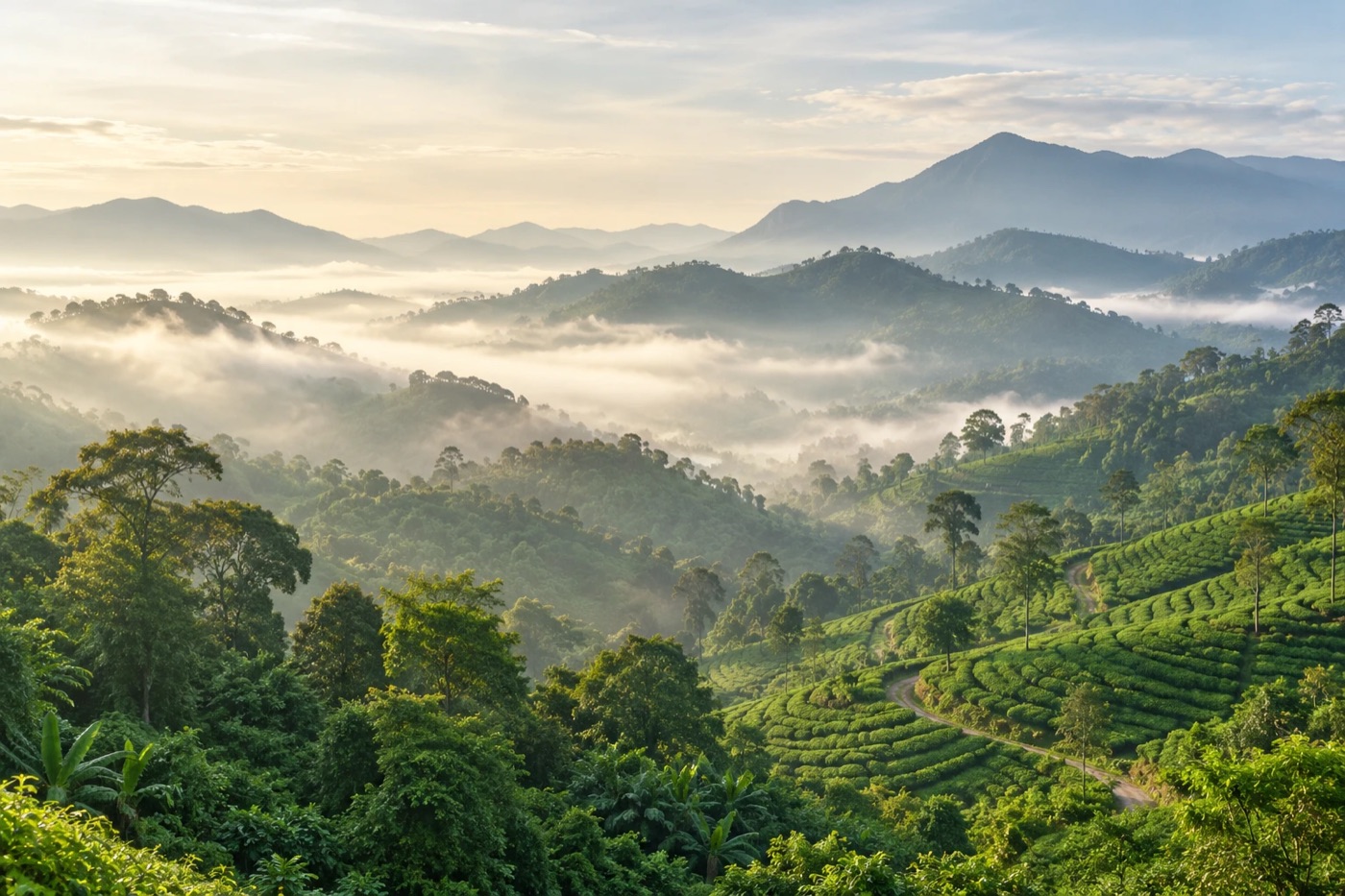 Misty hills and tea country in Sri Lanka at sunrise